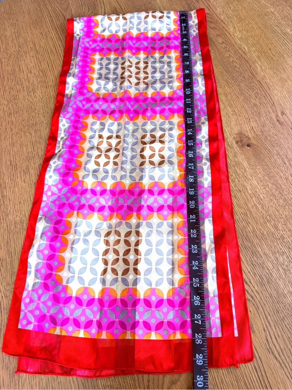 Vintage Geometric Silk Scarf Pink Orange Brown Gray 30” Long OS